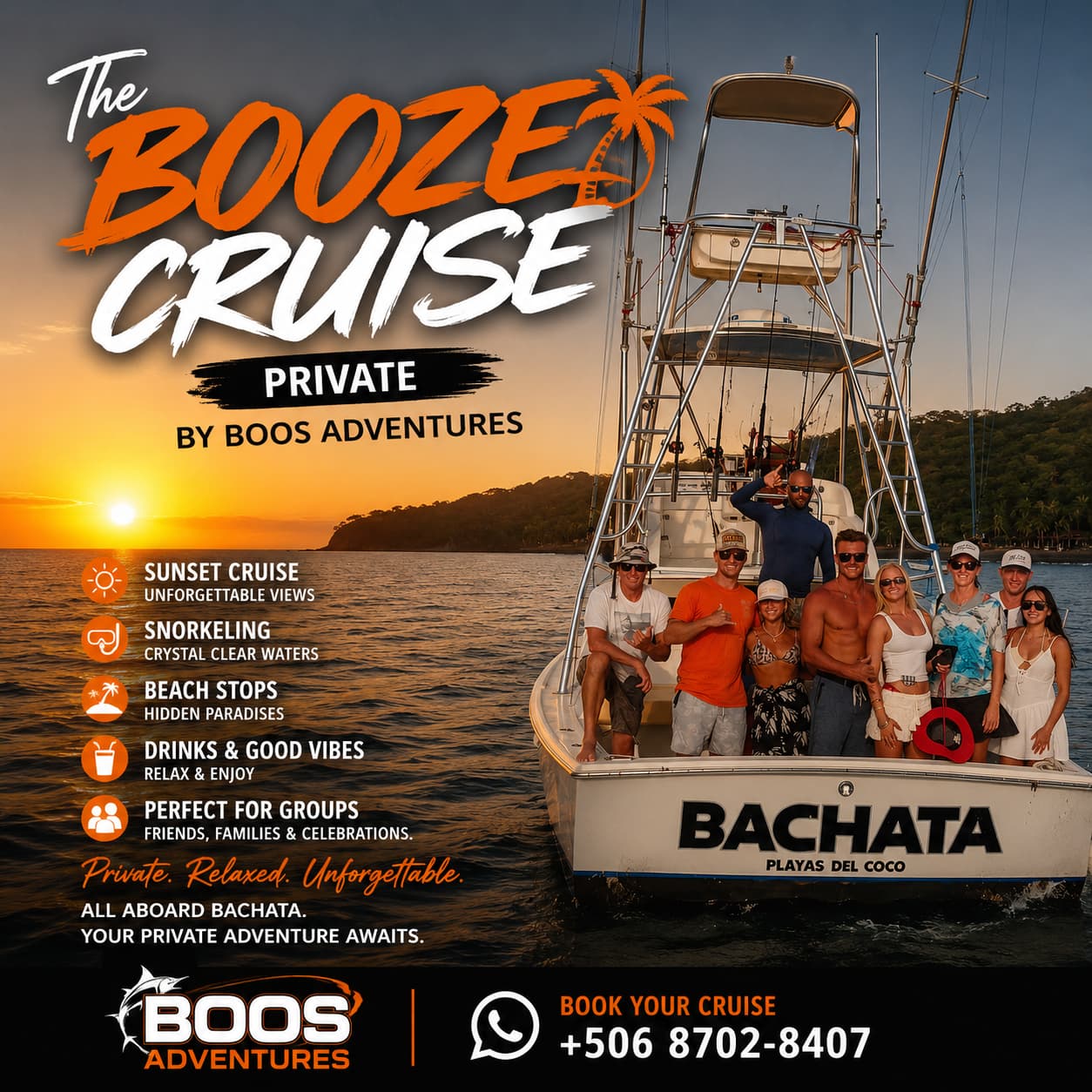 The Booze Cruise by Boos Adventures — private sunset charter aboard the Bachata